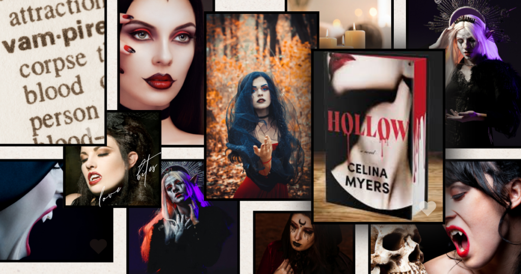 A collage of vampire-themed imagery representing the atmosphere of Hollow by Celina Myers
